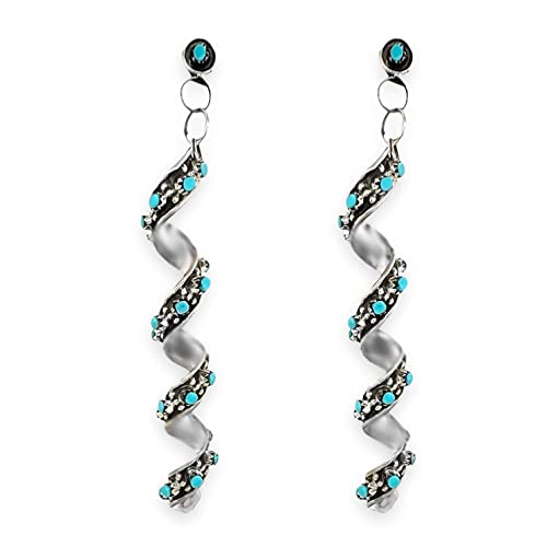 Genuine Sleeping Beauty Turquoise Spiral Statement Earrings, 925 Sterling Silver, Native American Zuni Tribe USA Handmade, Nickel Free, Extra Long