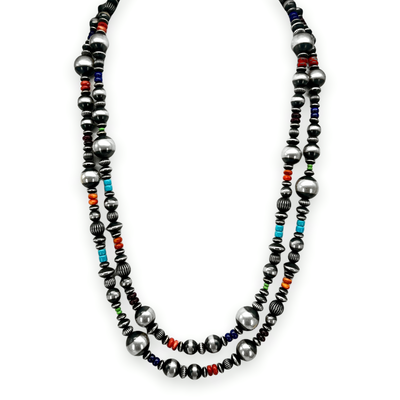 30 inch, Genuine Navajo Pearl Necklace with Genuine Stones, Sterling Silver, Authentic Navajo Native American USA Handmade in New Mexico