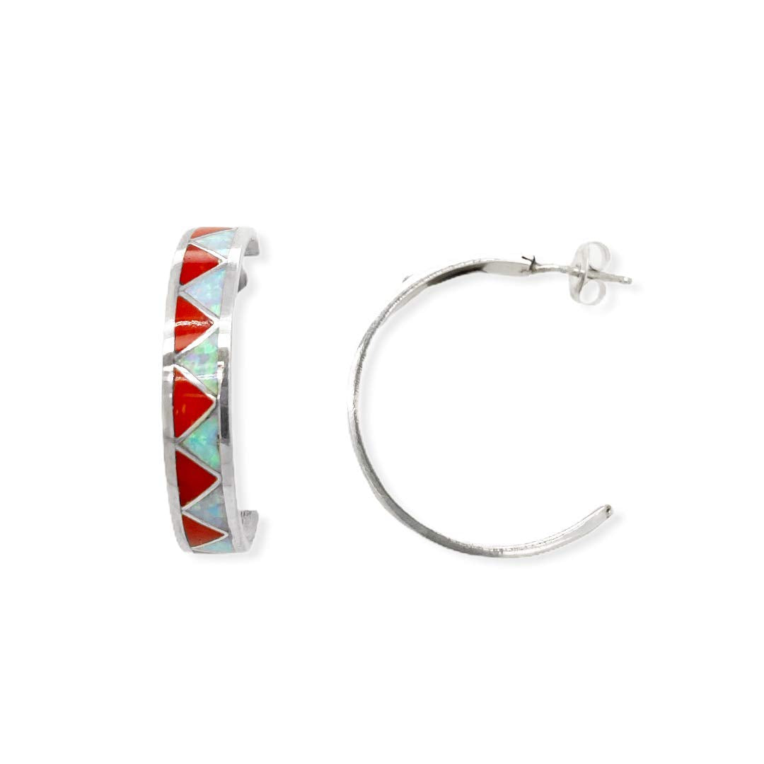Red Coral and Moonstone Half Hoop Earrings in 925 Solid Sterling Silver, Native American Handmade in the USA, Nickle Free, Gift Boxed