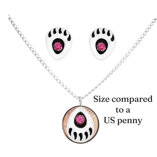 Sterling Silver Bright Pink Desert Opal Bear Paw Set. Pendant, Earrings, and Chain. Native American USA Handmade, Nickel Free, Synthetic Opal