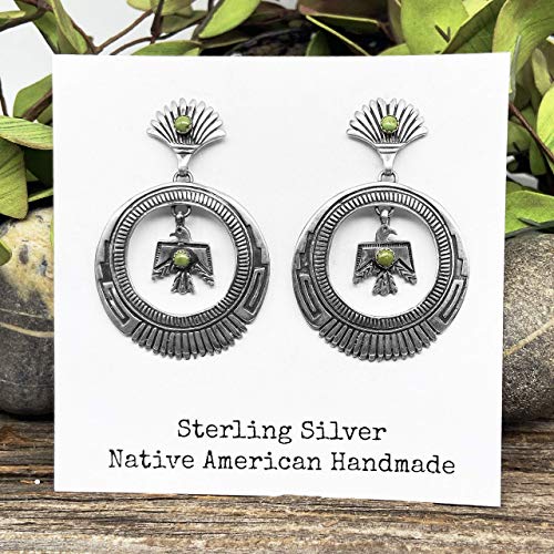 Genuine Green Turquoise Statement Earrings, Sterling Silver, Authentic Navajo Native American USA Handmade, Artist Signed, Nickle Free, Southwest Thunderbird