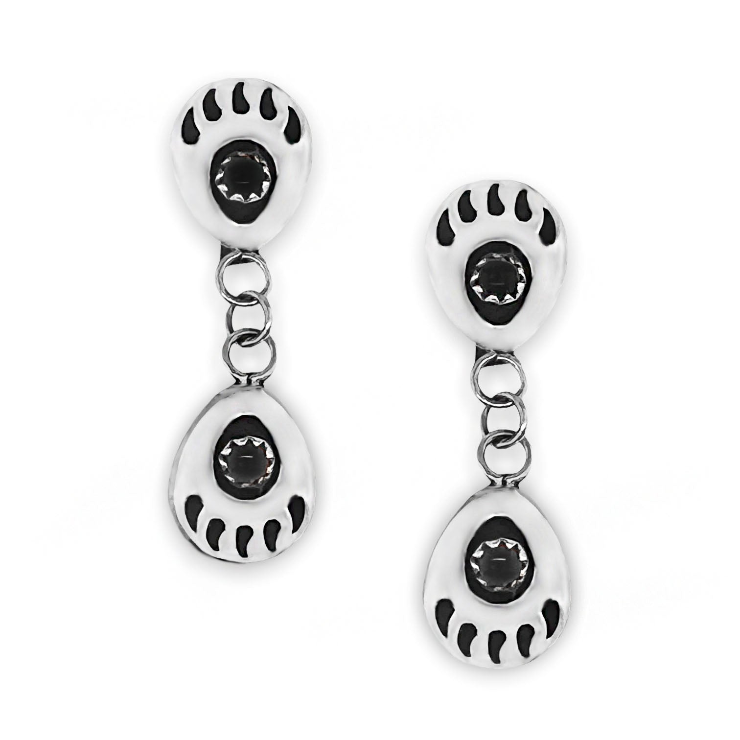 Genuine Black Onyx Double Bear Paw Earrings, 925 Sterling Silver, Native American USA Handmade, Nickle Free