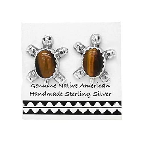 Genuine Tiger's Eye Stone Turtle Stud Earrings, Sterling Silver, Authentic Navajo Native American USA Handmade