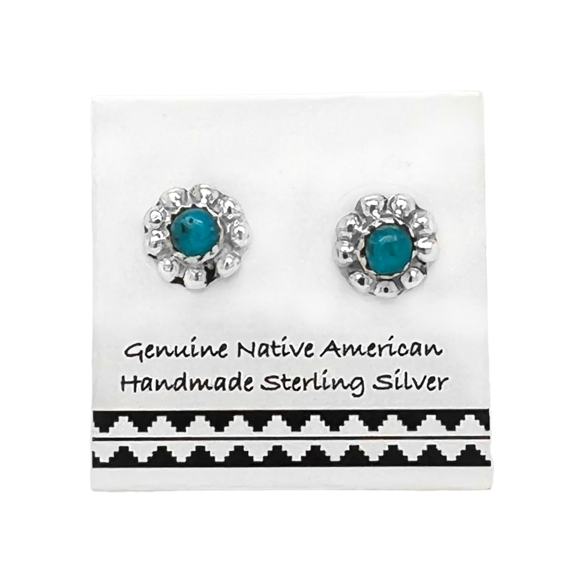 8mm Genuine Sleeping Beauty Turquoise Stud Earrings in 925 Sterling Silver, Native American USA Handmade, Flower Design, Nickel Free