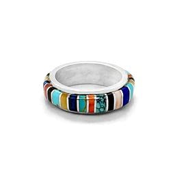 Genuine Multi-Stone Band Ring, Sterling Silver, Authentic Navajo Native American USA Handmade, Artist Signed, Nickel Free, Multicolor, Unisex for Men and Women