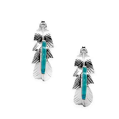 Genuine Sleeping Beauty Turquoise Half Hoop Feather Earrings, 925 Sterling Silver, Native American USA Handmade, Nickel Free
