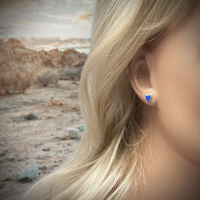 6mm Dark Blue Desert Opal Stud Earrings in 925 Sterling Silver, Native American USA Handmade, Nickel Free, Synthetic Opal, Triangle