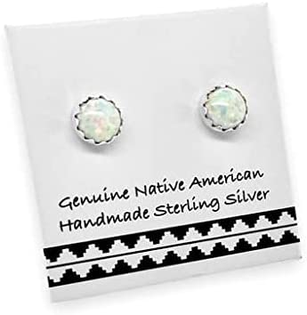 4mm Desert Opal Stud Earrings, 925 Sterling Silver, Native American USA Handmade, Synthetic Opal, Nickel Free, White
