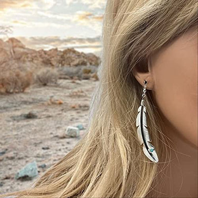 Genuine Sleeping Beauty Turquoise Feather Earrings, Sterling Silver, Native American USA Handmade, French Hook Style, Nickel Free