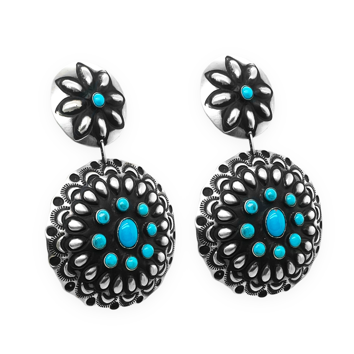 Genuine Sleeping Beauty Turquoise Statement Earrings, 925 Sterling Silver, Native American Navajo Tribe USA Handmade, Nickel Free, Concho Style