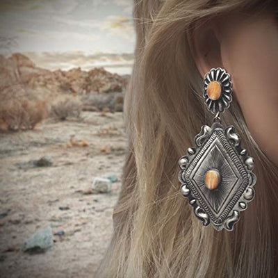 Genuine Orange Spiny Oyster Statement Earrings, Oxidized Sterling Silver, Authentic Navajo Native American USA Handmade, Artist Signed, Nickle Free, Southwest Vintage Style