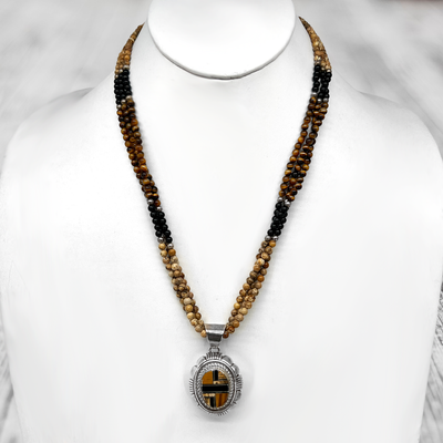 Genuine Tiger's Eye Necklace and Pendant Set, Authentic Navajo Native American USA Handmade in New Mexico, Sterling Silver, 23 inch