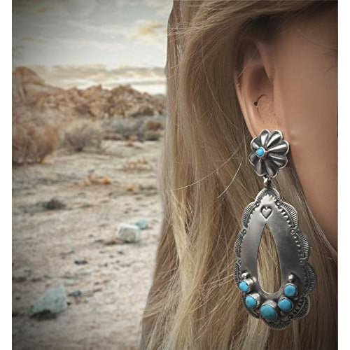 Genuine Sleeping Beauty Turquoise Earrings, Oxidized Sterling Silver, Authentic Navajo Native American USA Handmade, Artist Signed, Nickel Free, Southwest Vintage Style