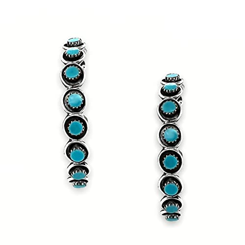 Genuine Sleeping Beauty Turquoise Hoop Earrings, Sterling Silver, Authentic Zuni Native American USA Handmade. Nickel Free
