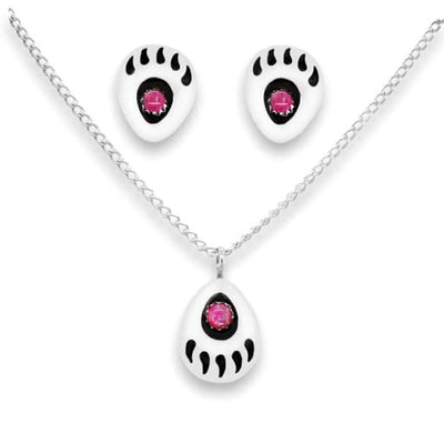 Sterling Silver Bright Pink Desert Opal Bear Paw Set. Pendant, Earrings, and Chain. Native American USA Handmade, Nickel Free, Synthetic Opal