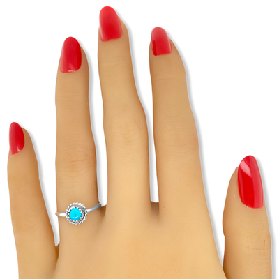 Genuine Sleeping Beauty Turquoise Ring, 925 Sterling Silver, Native American Handmade, Round with Braid, Nickel Free