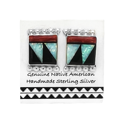 Genuine Onyx and Coral Earrings with Synthetic Opal 925 Sterling Silver, Authentic Native American Zuni Inlay, Nickel Free
