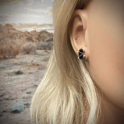 Genuine Black Onyx Turtle Stud Earrings, Sterling Silver, Authentic Native American USA Handmade, Nickel Free