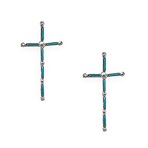 Genuine Sleeping Beauty Turquoise Petit Point Cross Earrings, 925 Sterling Silver, Native American Zuni Tribe Handmade, Nickel Free, Post Style