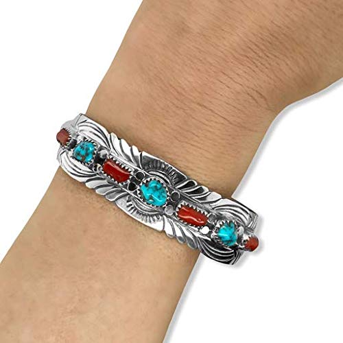 Genuine Kingman Turquoise and Coral Cuff Bracelet, Sterling Silver, Authentic Navajo Native American USA Handmade, Artist Signed, One of a Kind, Size Women's Medium