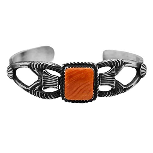 Genuine Orange Spiny Oyster Cuff Bracelet, Oxidized Sterling Silver, Authentic Navajo Native American USA Handmade, Artist Signed, Size Women's Medium