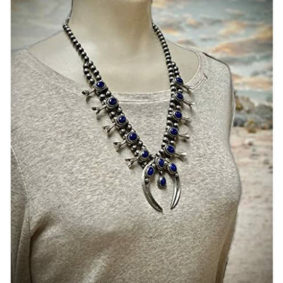 Genuine Lapis Lazuli Squash Blossom Necklace Set, Navajo Native American Handmade, 925 Sterling Silver, Artisan Signed, One of a Kind Piece