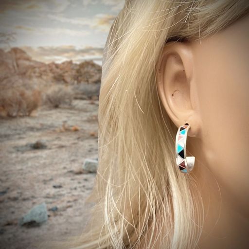 Genuine Stone Multicolor Hoop Earrings, 925 Sterling Silver, Authentic Native American, Handmade in the USA, Nickle Free