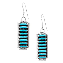 Genuine Sleeping Beauty Turquoise Earrings, 925 Sterling Silver, Native American USA Handmade, Artist Signed, Zuni Tribe Needlepoint. French Hook, Nickel Free