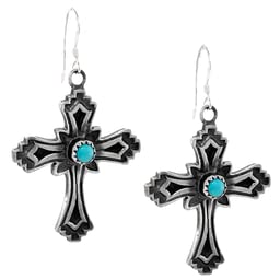Genuine Sleeping Beauty Turquoise Cross Earrings, 925 Sterling Silver, Native American USA Handmade, French Hook Style, Nickle Free