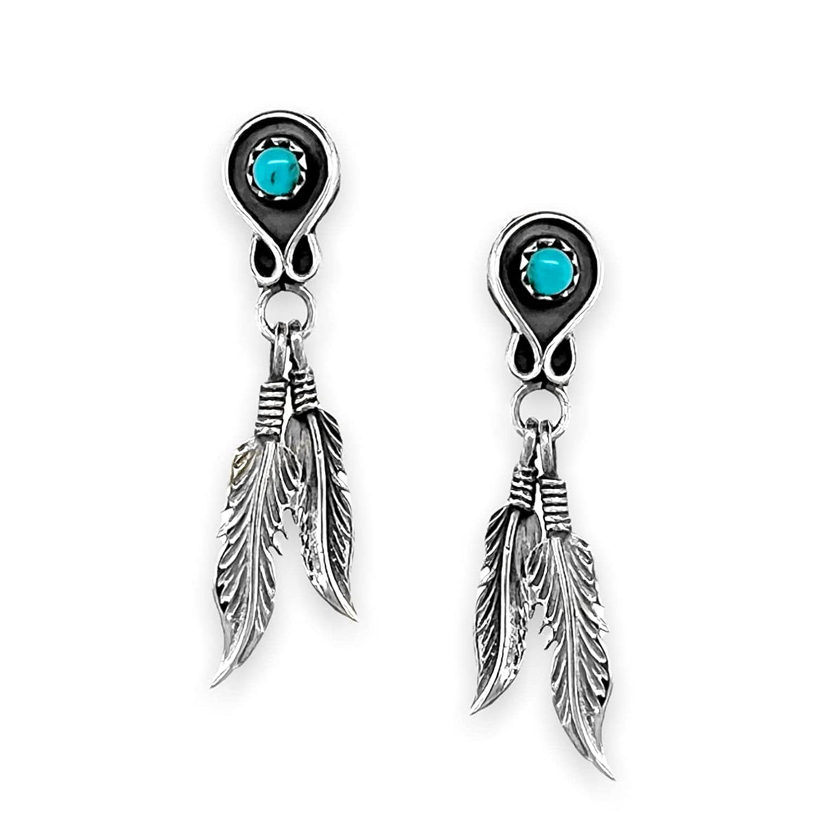 Genuine Sleeping Beauty Turquoise Feather Earrings, 925 Sterling Silver, Native American USA Handmade, Nickel Free, Post Style