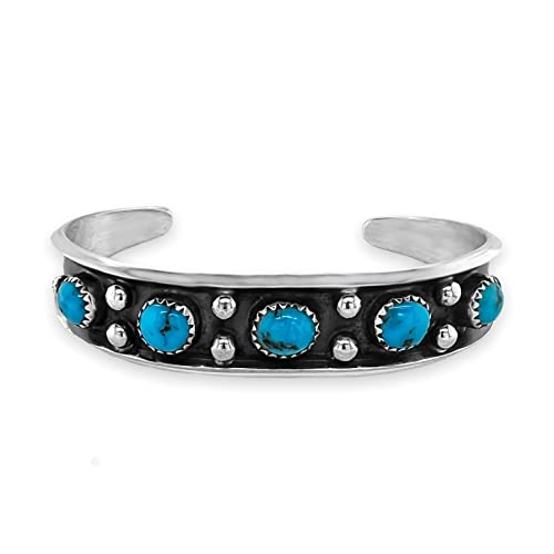 Genuine Kingman Turquoise Cuff Bracelet, Sterling Silver, Authentic Navajo Native American USA Handmade, Artist Signed, On, Size Women's Small