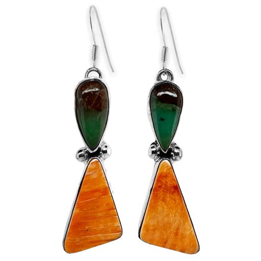 Orange Spiny Oyster Shell and Green Turquoise Earrings, Sterling Silver, Native American USA Handmade, Nickle Free, French Hook