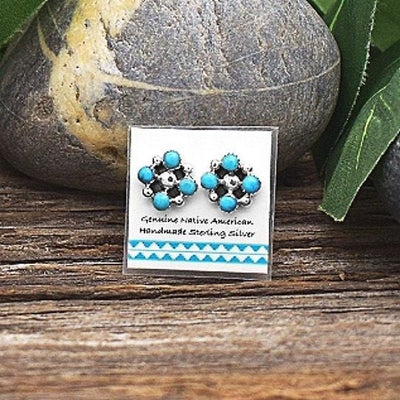 Genuine Sleeping Beauty Turquoise Cluster Earrings in 925 Sterling Silver, Native American USA Handmade, Nickel Free