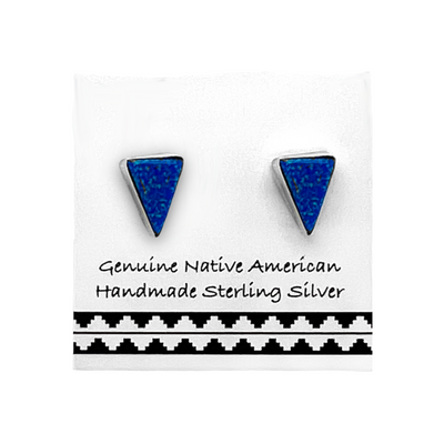 6mm Dark Blue Desert Opal Stud Earrings in 925 Sterling Silver, Native American USA Handmade, Nickel Free, Synthetic Opal, Triangle