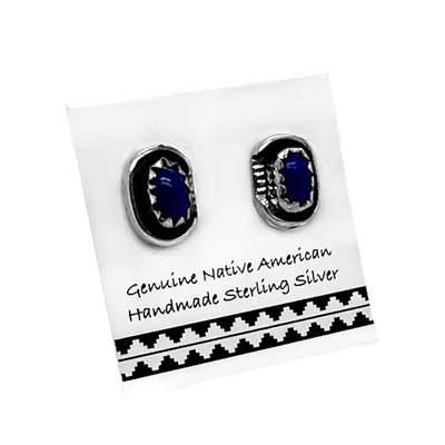 6mm Genuine Lapis Lazuli Stud Earrings in 925 Sterling Silver, Oval Style, Native American Handmade in the USA, Nickle Free, Navy Blue