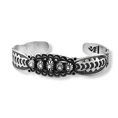 Genuine Oxidized Sterling Silver Cuff Bracelet, Authentic Navajo Native American USA Handmade, Artist Signed, One of a Kind, Size Women's Medium