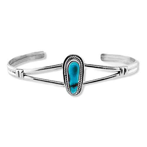 Genuine Apache Blue Turquoise Cuff Bracelet, Sterling Silver, Authentic Navajo Native American USA Handmade, Artist Signed, One of a Kind, Size Women's Medium