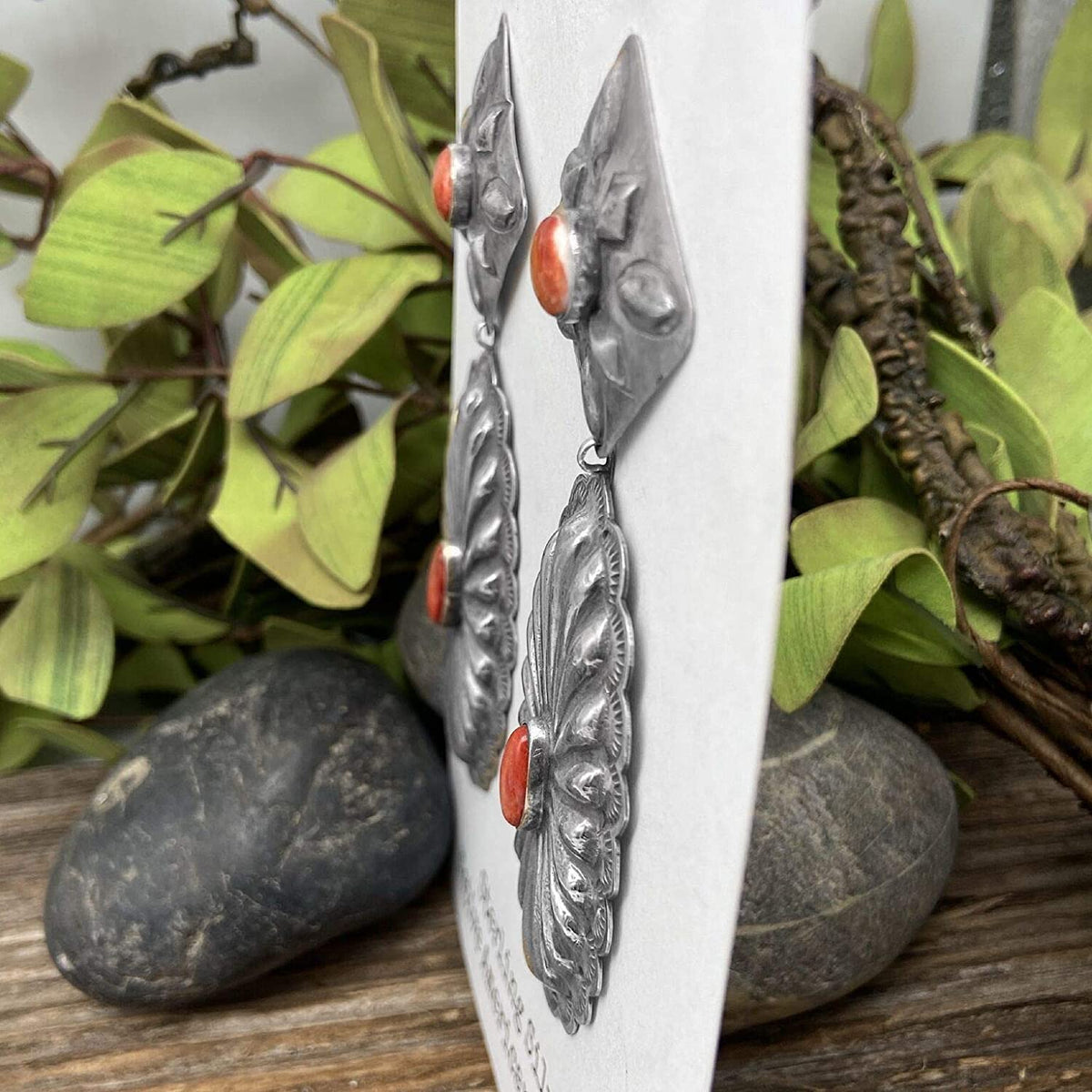Genuine Red Spiny Oyster Statement Earrings, Oxidized Sterling Silver, Authentic Navajo Native American USA Handmade, Artist Signed, Nickle Free, Southwest Vintage Style