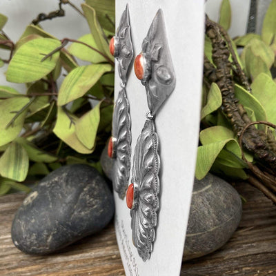 Genuine Red Spiny Oyster Statement Earrings, Oxidized Sterling Silver, Authentic Navajo Native American USA Handmade, Artist Signed, Nickle Free, Southwest Vintage Style