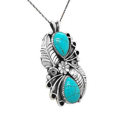 Genuine Sleeping Beauty Turquoise Necklace, Sterling Silver, Pendant with Chain, Artist Signed, Navajo Native American Handmade