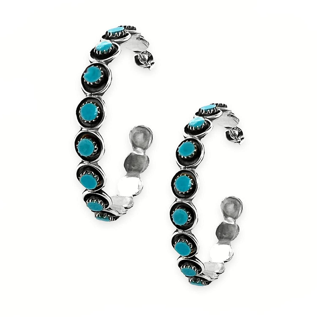 Genuine Sleeping Beauty Turquoise Hoop Earrings, Sterling Silver, Authentic Zuni Native American USA Handmade. Nickel Free