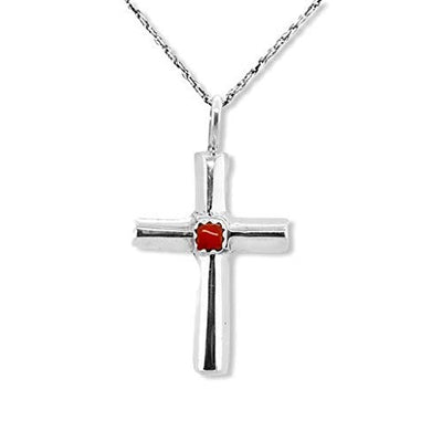 Genuine Red Coral Cross Necklace, Pendant and Chain Set, 925 Sterling Silver, Native American USA Handmade, Artisan Signed, Nickel Free