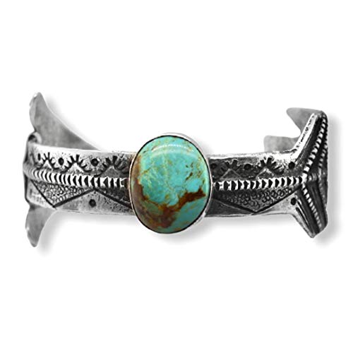 Genuine Royston Turquoise Cuff Arrow Bracelet, Sterling Silver, Authentic Navajo Native American USA Handmade, Artist Signed, One of a Kind, Size Women's Large