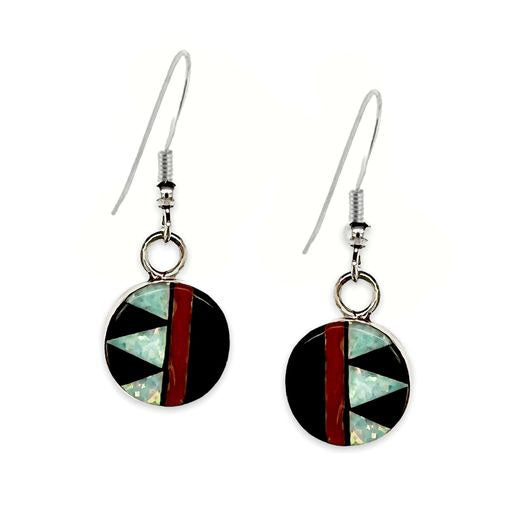 Genuine Red Coral, Onyx, and Opal Earrings, 925 Sterling Silver, Native American USA Handmade, Nickel Free, French Hook