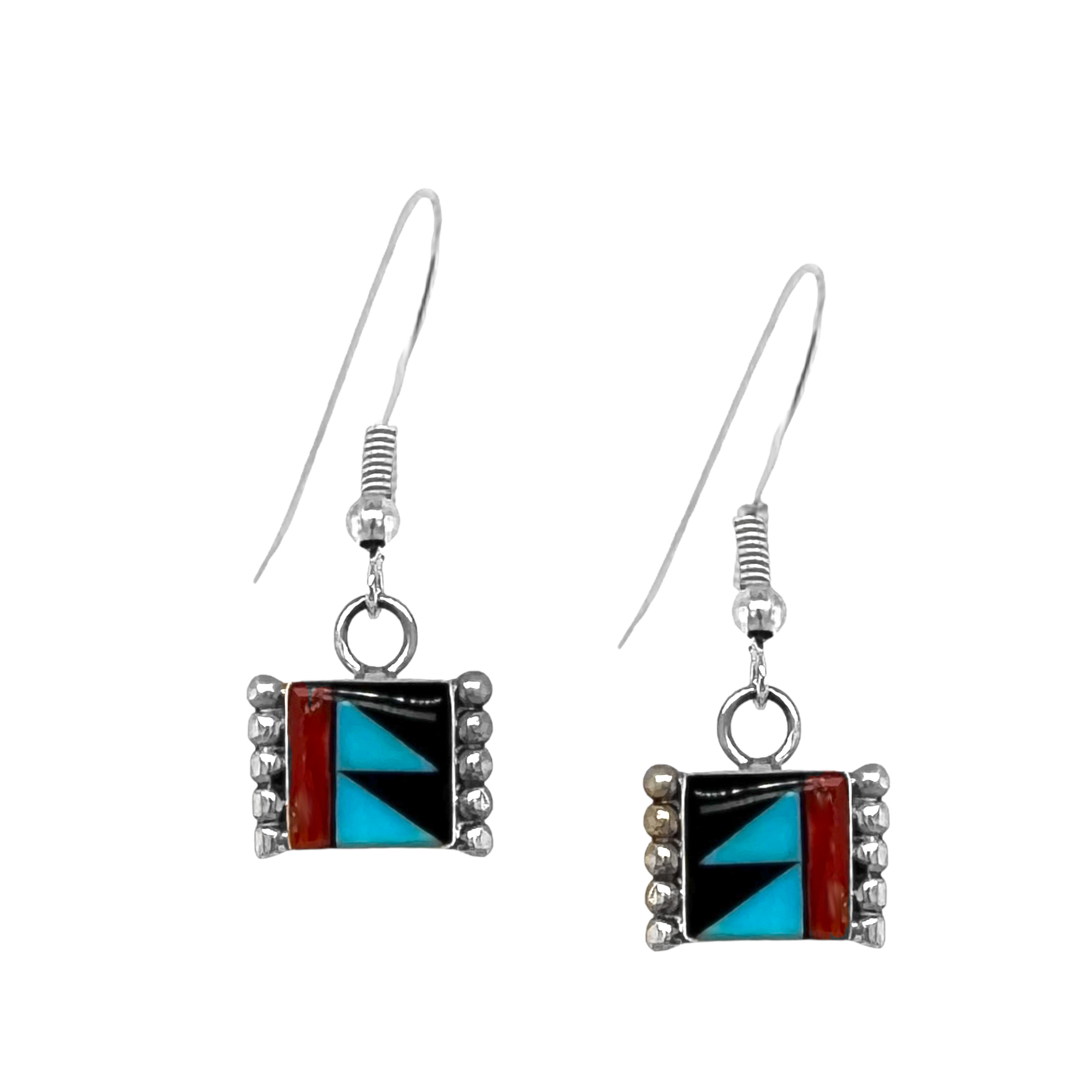 Genuine Turquoise, Onyx and Red Coral Earrings, 925 Sterling Silver, Native American USA Handmade, Nickel Free, French Hook