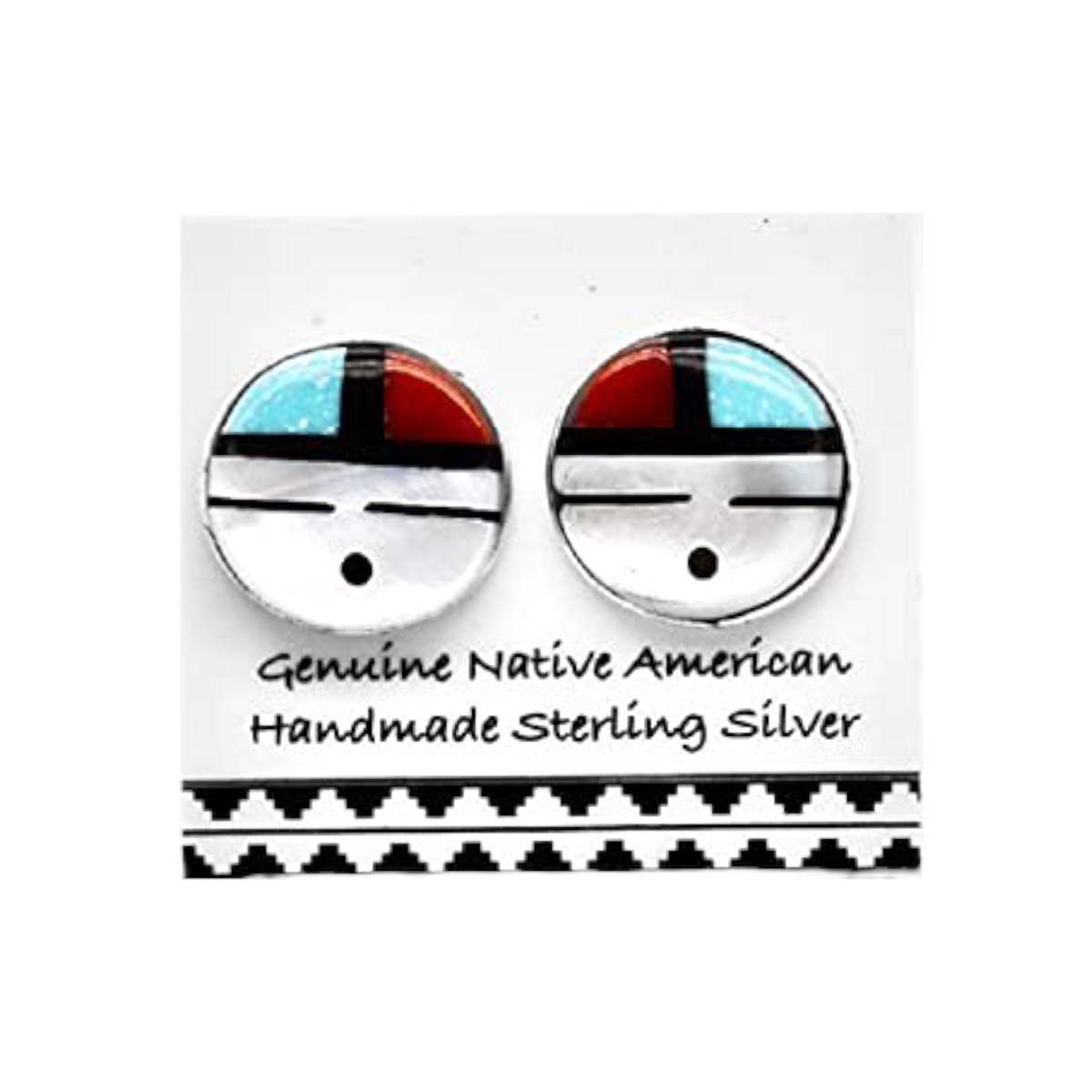 10mm Genuine Stone Zuni Sunface Stud Earrings, Sterling Silver, Turquoise and Coral, Authentic Native American Handmade, Nickel Free