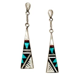 Genuine Turquoise, Onyx and Red Coral Earrings, 925 Sterling Silver, Zuni Native American USA Handmade, Nickel Free, French Hook