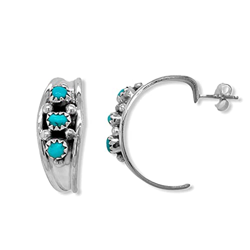 Handmade Sleeping Beauty Turquoise Half Hoop Earrings in 925 Sterling Silver, Native American Handmade, Artist Signed, Genuine Stone, Nickel Free