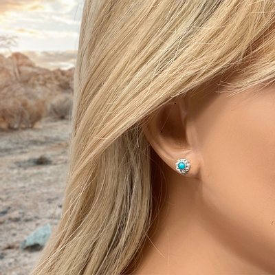 8mm Genuine Sleeping Beauty Turquoise Stud Earrings in 925 Sterling Silver, Native American USA Handmade, Flower Design, Nickel Free