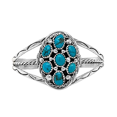 Genuine Sleeping Beauty Turquoise Cuff Bracelet, Sterling Silver,Cluster Style, Authentic Navajo Native American USA Handmade, Artist Signed, Size Women's Small